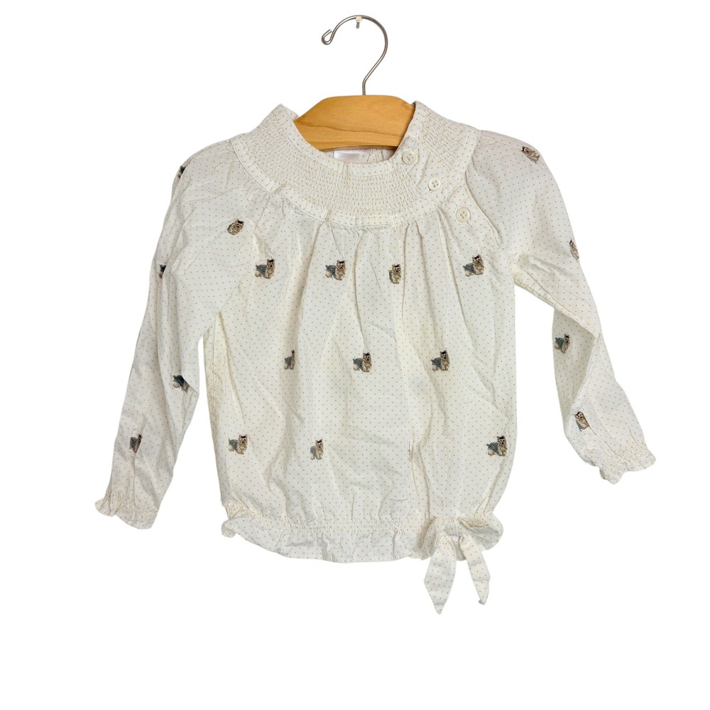 Janie and Jack Girls 3T White Polka Dot Embroidered Yorkie Dog Smocked Blouse